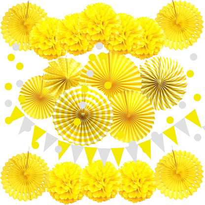 ZERODECO Party Decoration, 21 Pcs Yellow Hanging Paper Fans Pom Poms Flowers, Garlands String Polka