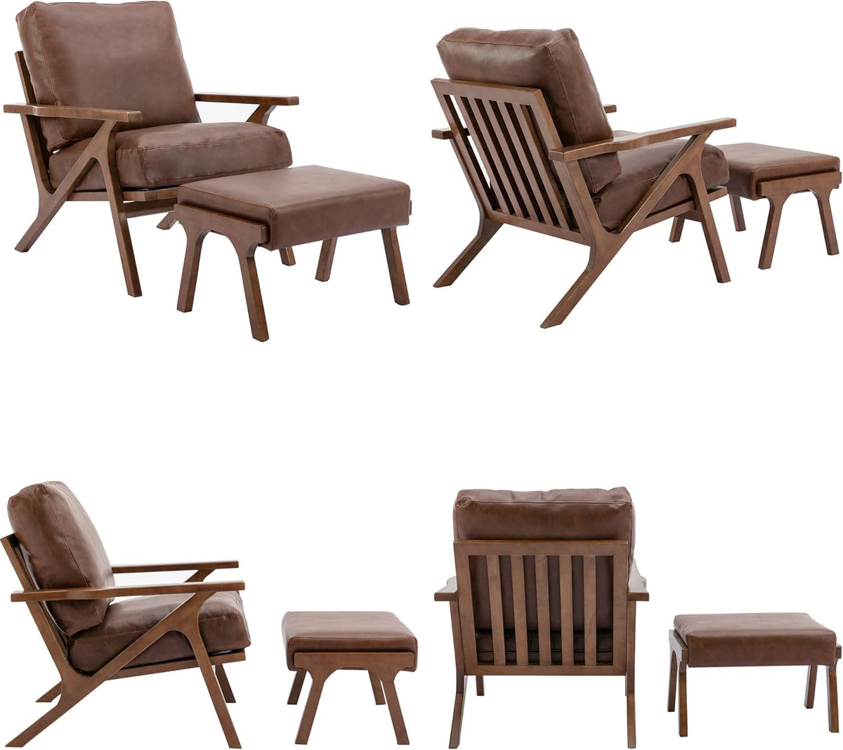 Mid Century Modern Accent Chair with Ottoman, Farmhouse PU Upholstered Living Room Armchair and