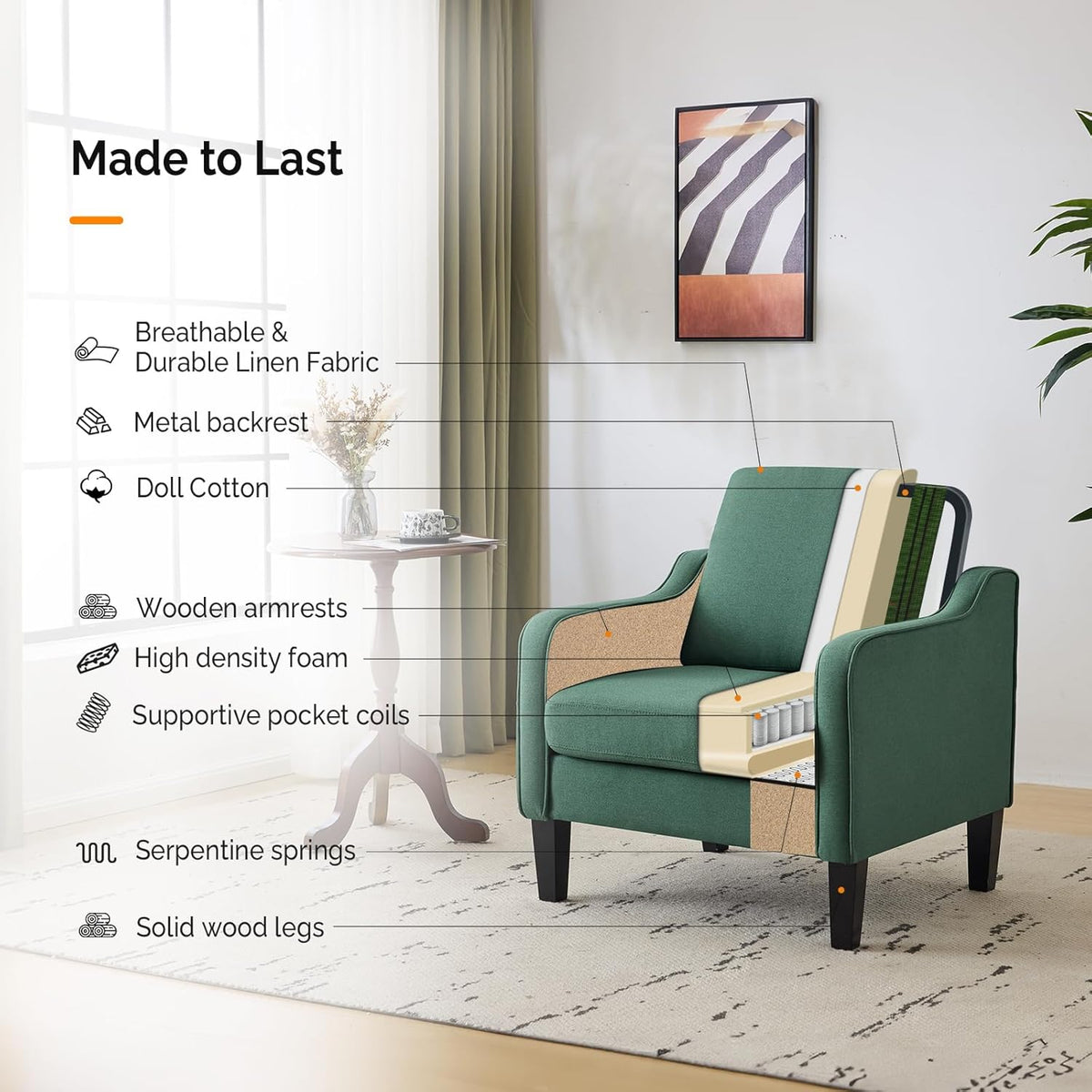 VINGLI Accent Chair for Living Room Chairs Dark Green Reading Chair for Bedroom Scooped Arm Chair
