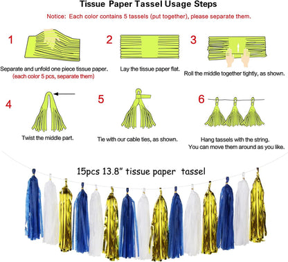 Navy-Blue White-Gold Tassel Garland Streamers- 15pcs Tissue Paper Tassels Banner Party Decorations