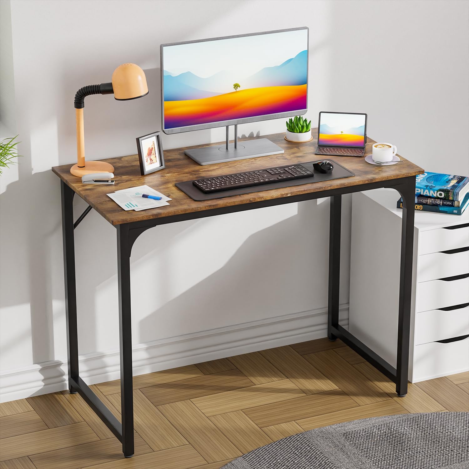 PayLessHere | 39 Inch Computer Desk | Brown | Office Desk with Metal Frame, Adjustable Feet |