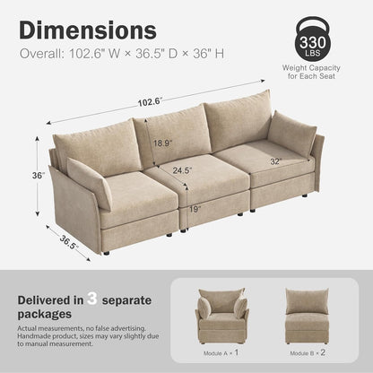 102.6" Modular Sectional Sofa, Oversized 3-Seater Couch with Removable Beige Chenille Fabric Cover