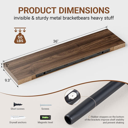 Heimlove Floating Shelves for Wall 36 Inches Long,9.3" Deep Walnut Floating Shelf Set of 2,Wall