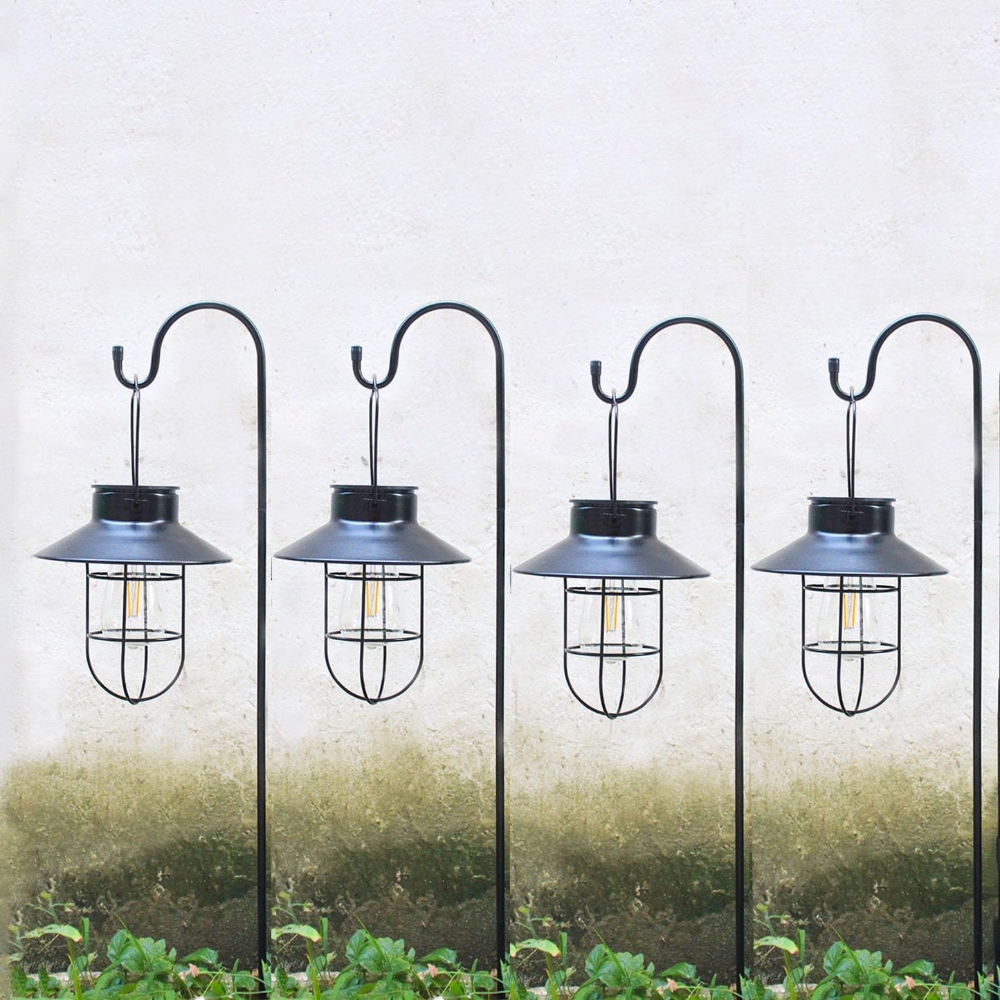 4 Pack Hanging Solar Lantern Lights with Shepherd Hook, Metal Waterproof Warm White Edison Bulb