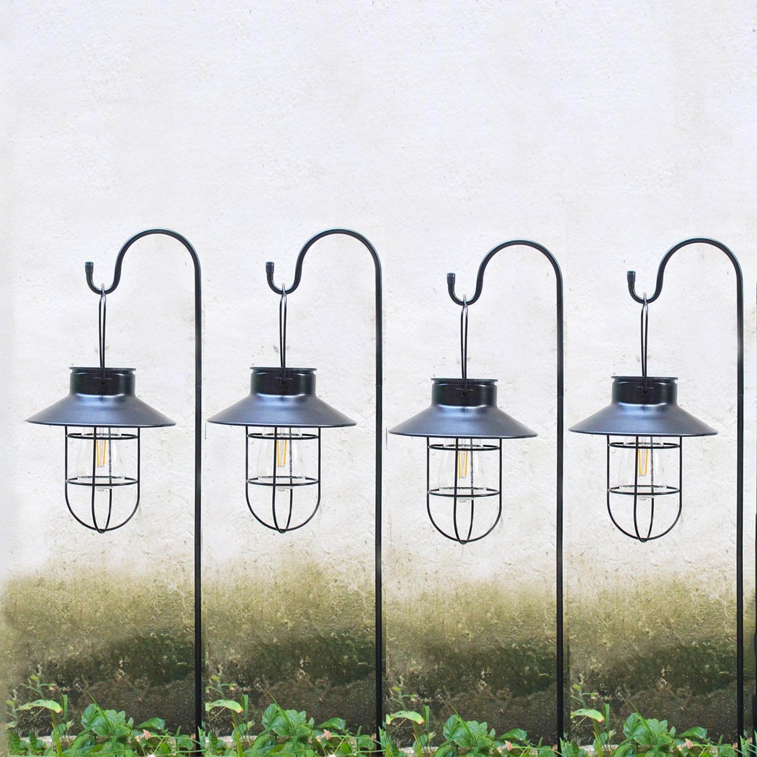 4 Pack Hanging Solar Lantern Lights with Shepherd Hook, Metal Waterproof Warm White Edison Bulb