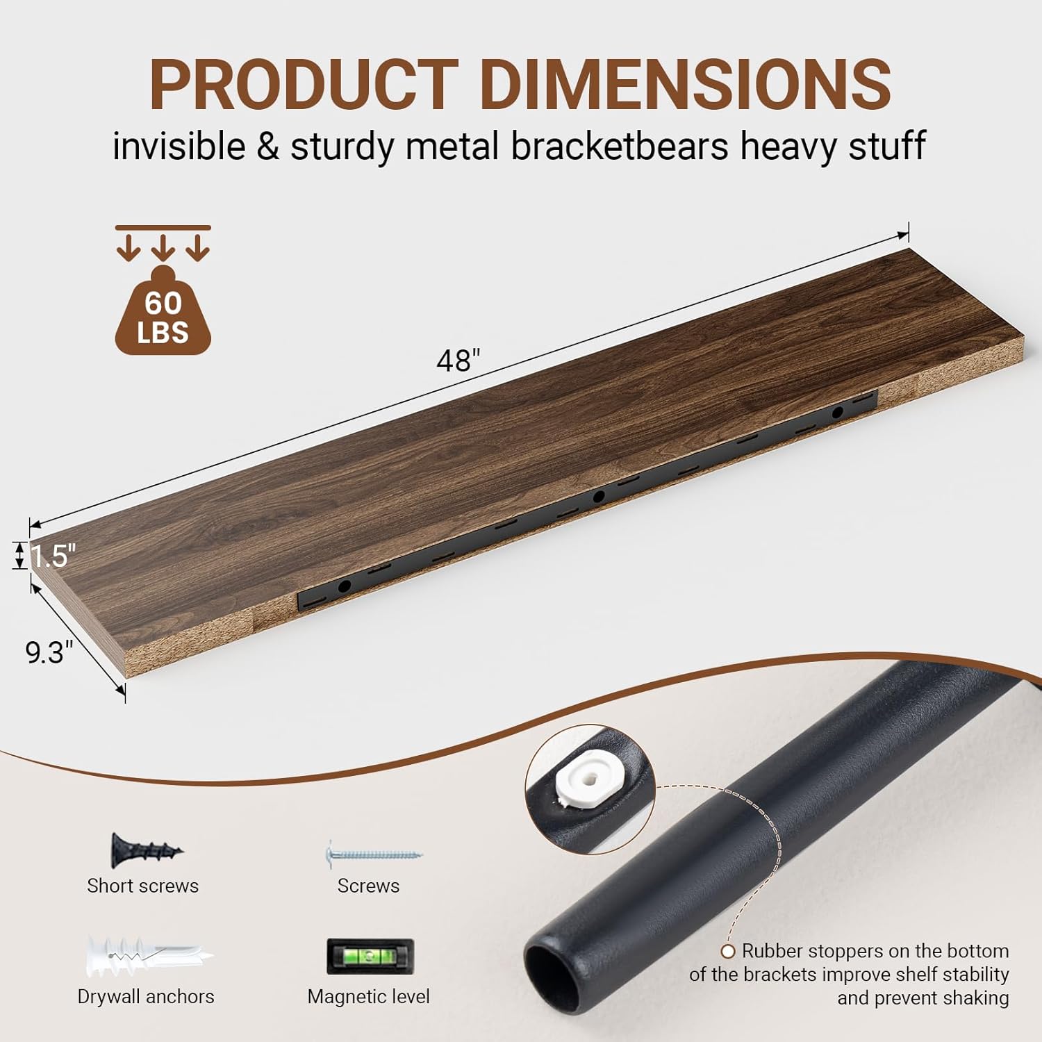 Heimlove Floating Shelves for Wall 48 Inches Long,9.3" Deep Walnut Floating Shelf Set of 2,Wall