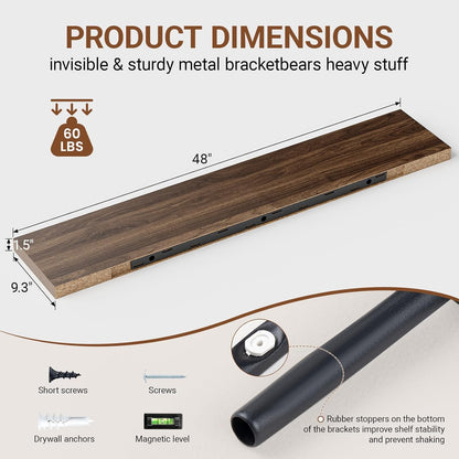 Heimlove Floating Shelves for Wall 48 Inches Long,9.3" Deep Walnut Floating Shelf Set of 2,Wall