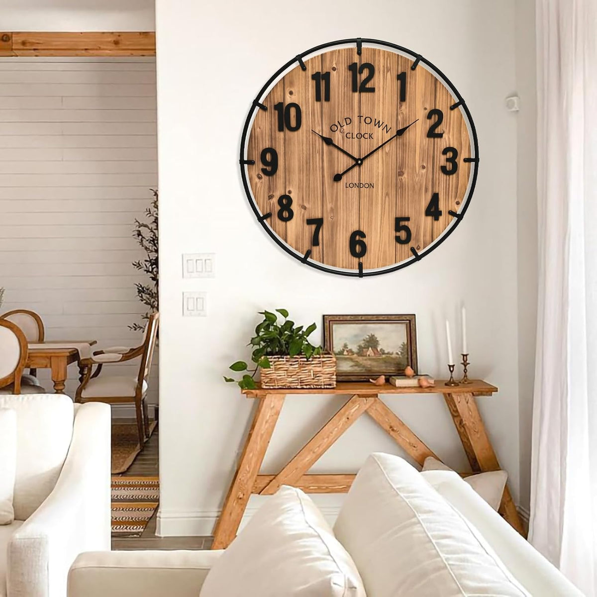 Large Old Town Farmhouse Wall Clock 30 Inches Rustic Antique Wood with Metal Circle and Large