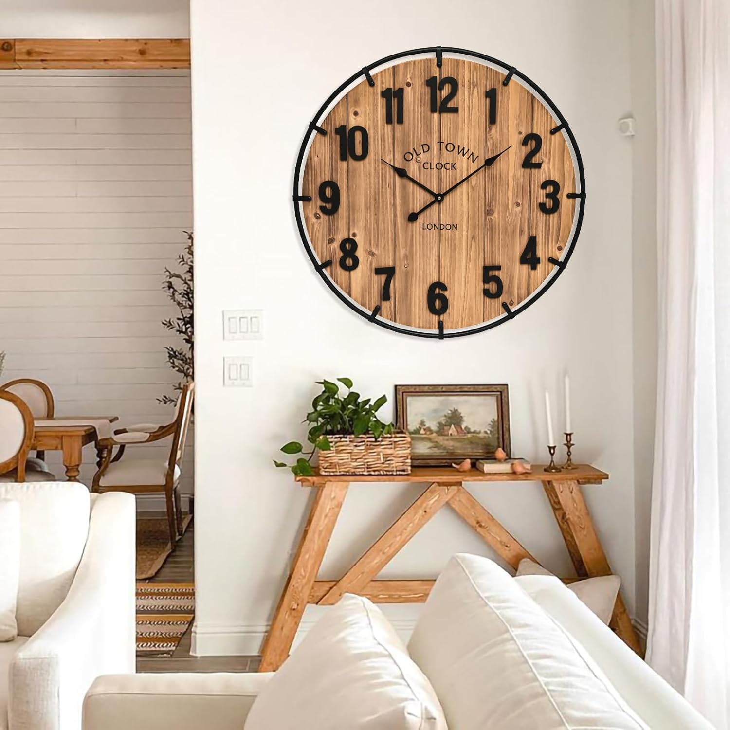 Large Old Town Farmhouse Wall Clock 30 Inches Rustic Antique Wood with Metal Circle and Large