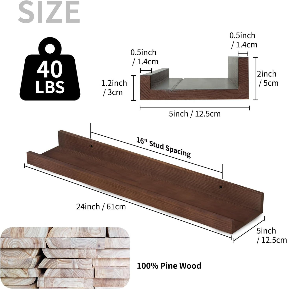SAUMONIERES Picture Ledge Shelf Floating Book Shelves Set of 2 Wall Mounted Solid Wood for Bedroom
