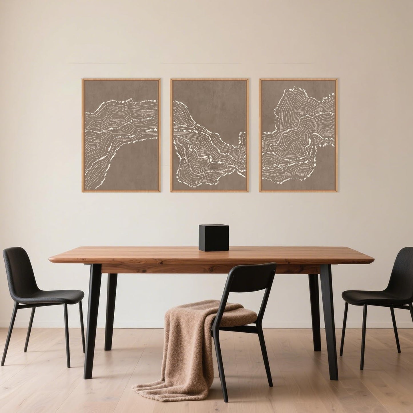 Geometric White Tan Wave Framed Canvas Wall Art Set, Abstract Line Art Painting, Modern Minimalism