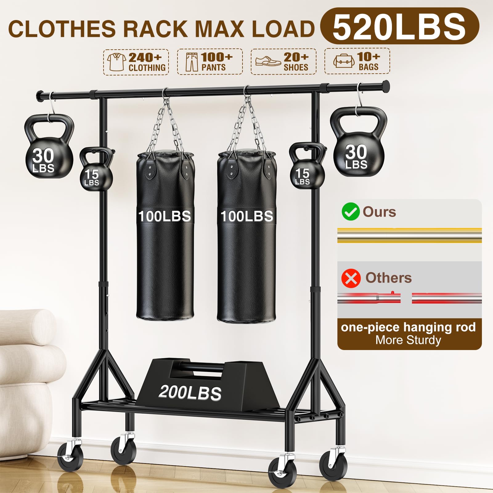 Fybee Heavy Duty Clothes Rack Load 520LBS, Adjustable Rolling Clothing Rack with Sturdy Wheel