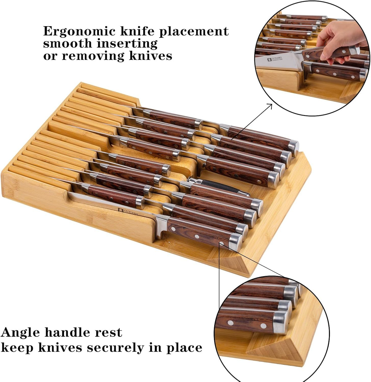 Bamboo Kitchen Drawer Knife Holder, In-drawer Knife Block, Knife Drawer Organizer fit for 16 knives