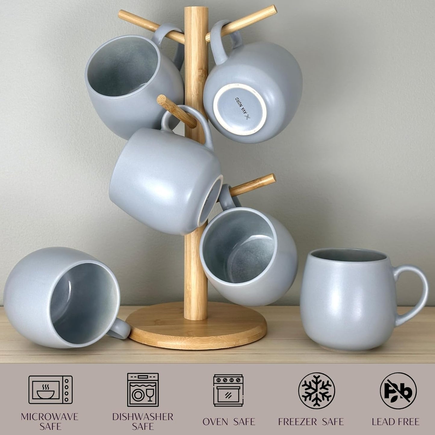 Ceramic Coffee Mugs Set of 6, 14oz - Modern Scandinavian Aesthetic - Microwavable Stoneware Coffee