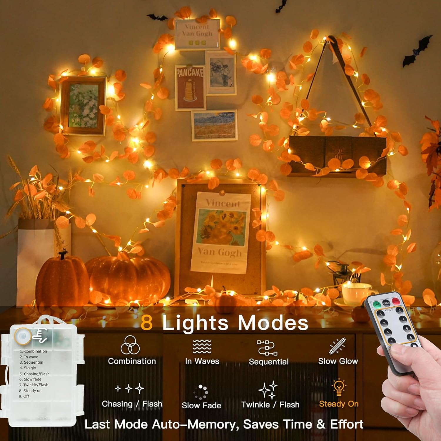 suddus Vine with Fairy Lights Battery Operated, 33ft 100 LED Eucalyptus Leaf String Lights with