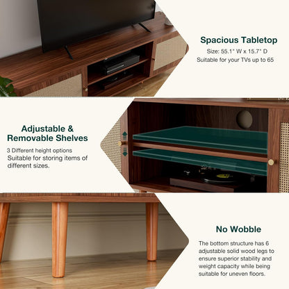 TV Stand for TVs up to 65'', Entertainment Center With Rattan Door, Shelves & 2 Cabinets, Long Boho