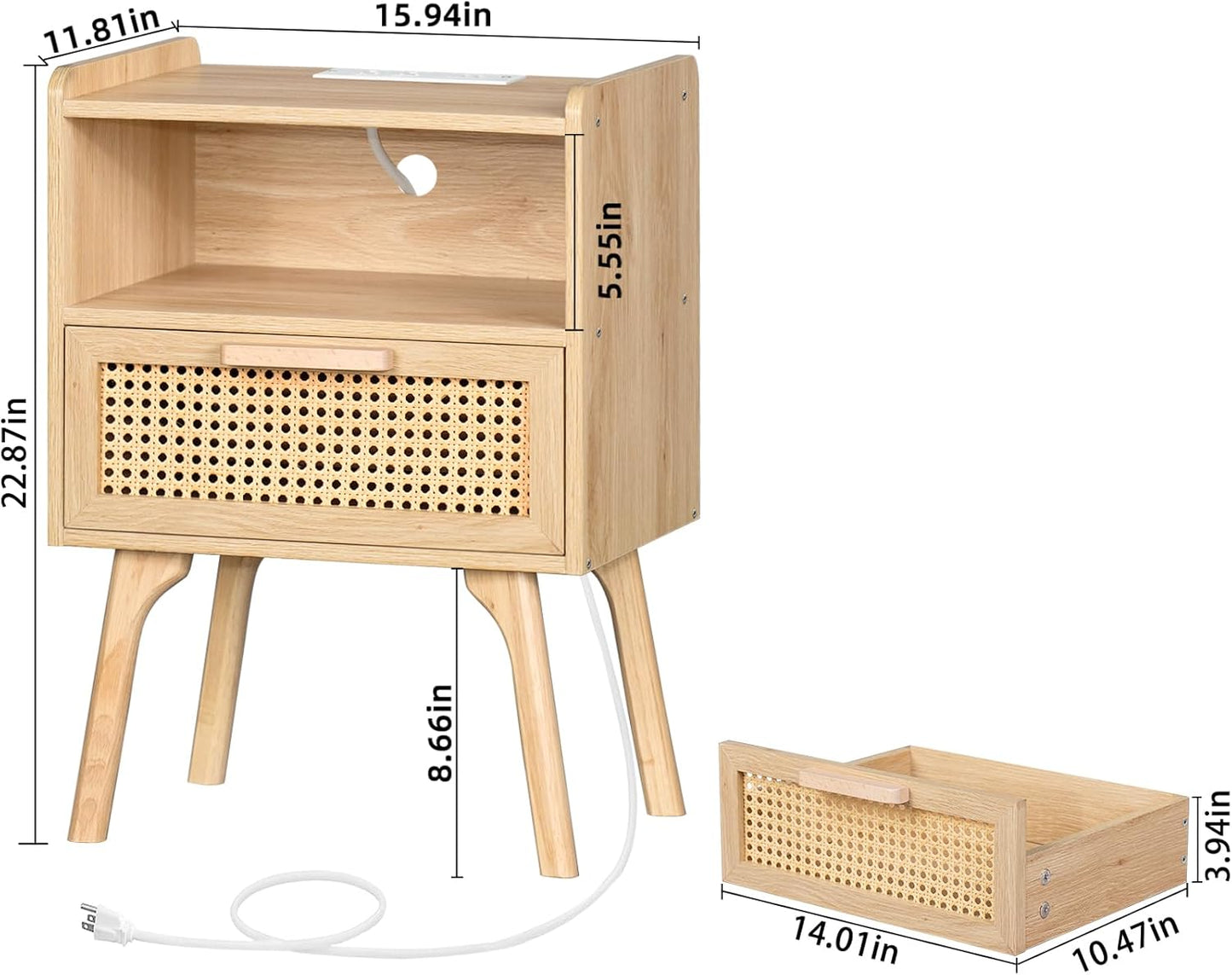 Lerliuo Rattan Nightstand with Charging Station, Boho Night Stand with Handmade Natural Rattan