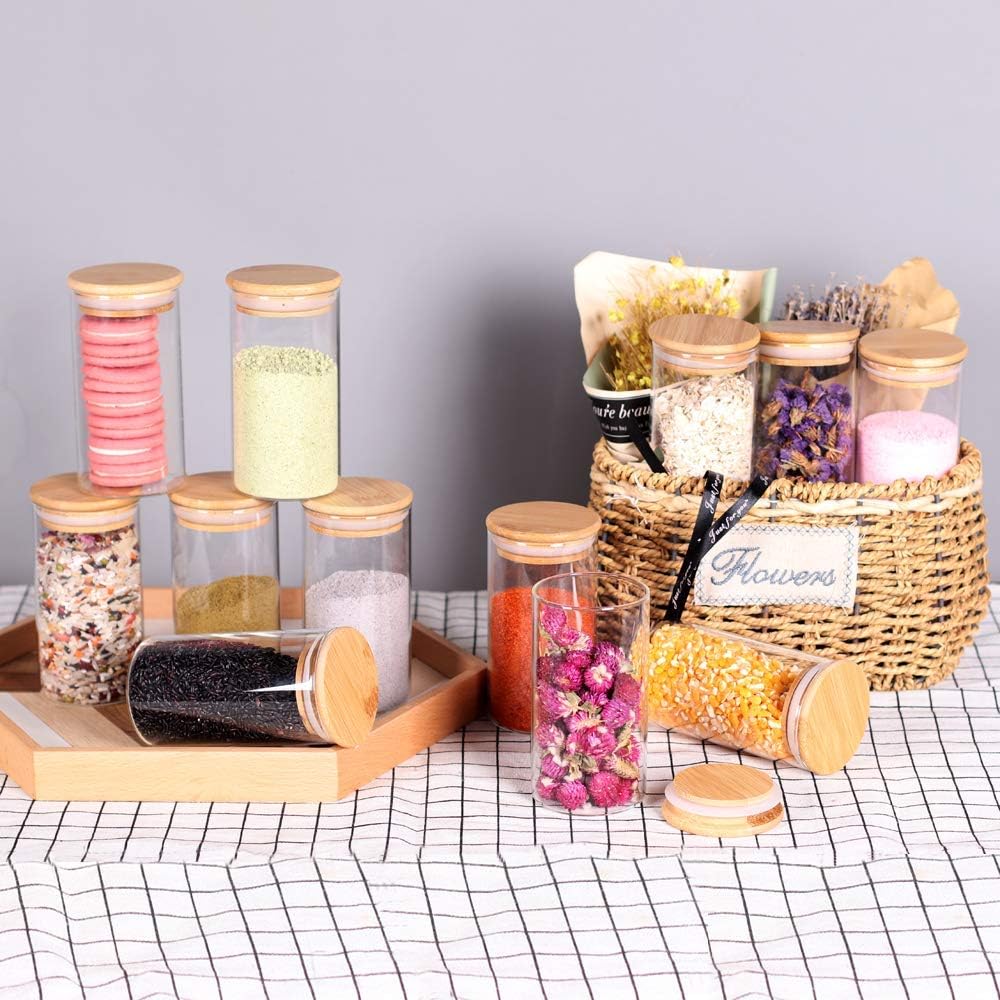 12 Pcs Glass Spice Jars - 8.5oz Empty Small Glass Bottles with Bamboo Airtight Lids and Labels