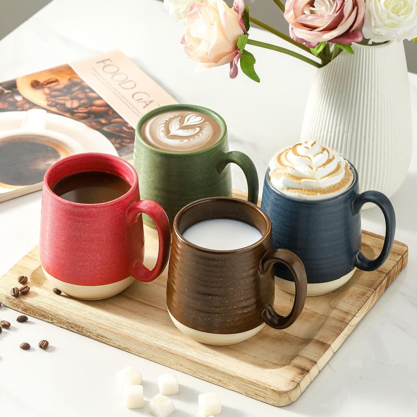 Hasense 15 Ounce Porcelain Coffee Mugs Set of 4 with Large Handle Perfect for Coffee, Tea, Milk