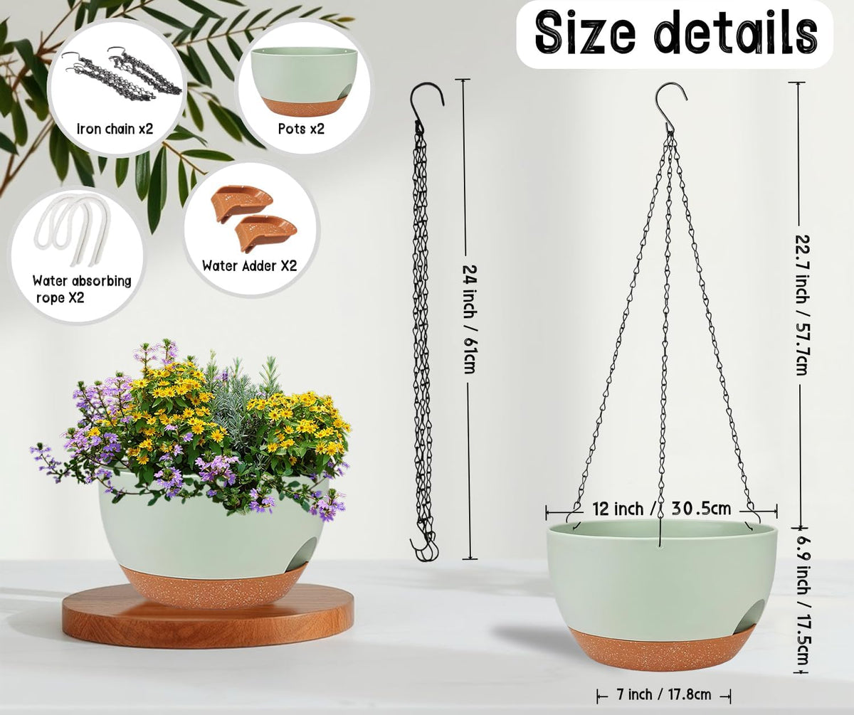 2 Pack 12 Inch Large Hanging Planters with Chains Self Watering Green Brown Plastic Hanging Pots