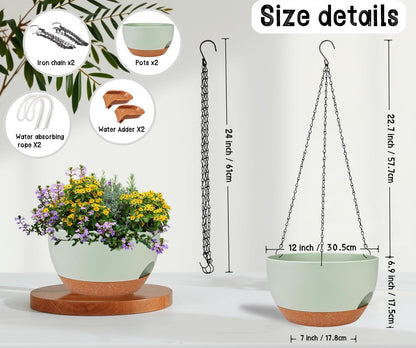 2 Pack 12 Inch Large Hanging Planters with Chains Self Watering Green Brown Plastic Hanging Pots
