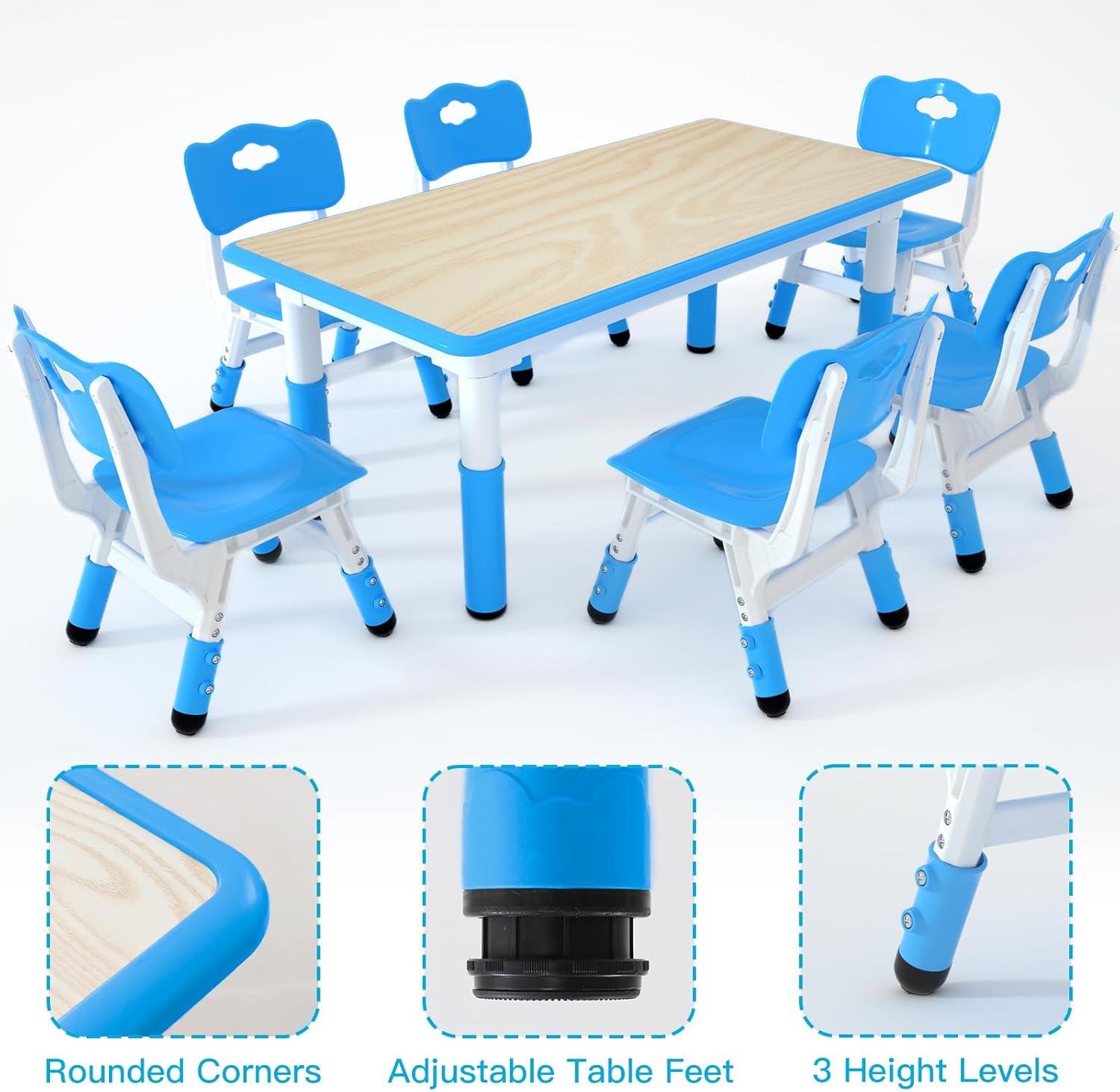 Kids Study Table and 6 Chairs Set,Height Adjustable Table and Chairs for Children and