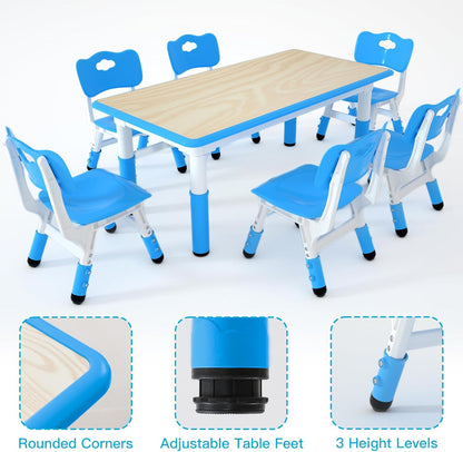 Kids Study Table and 6 Chairs Set,Height Adjustable Table and Chairs for Children and
