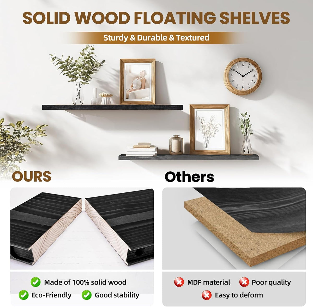 Floating Wall Shelves 2-Pack - 36-Inch Rustic Black Wooden Shelves for Storage and Décor, Easy