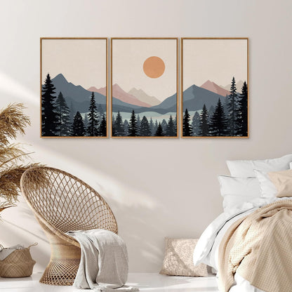Tinonedraw Boho Mountain Framed Canvas Wall Art Set of 3, Watercolor Nature Landscape Art Prints