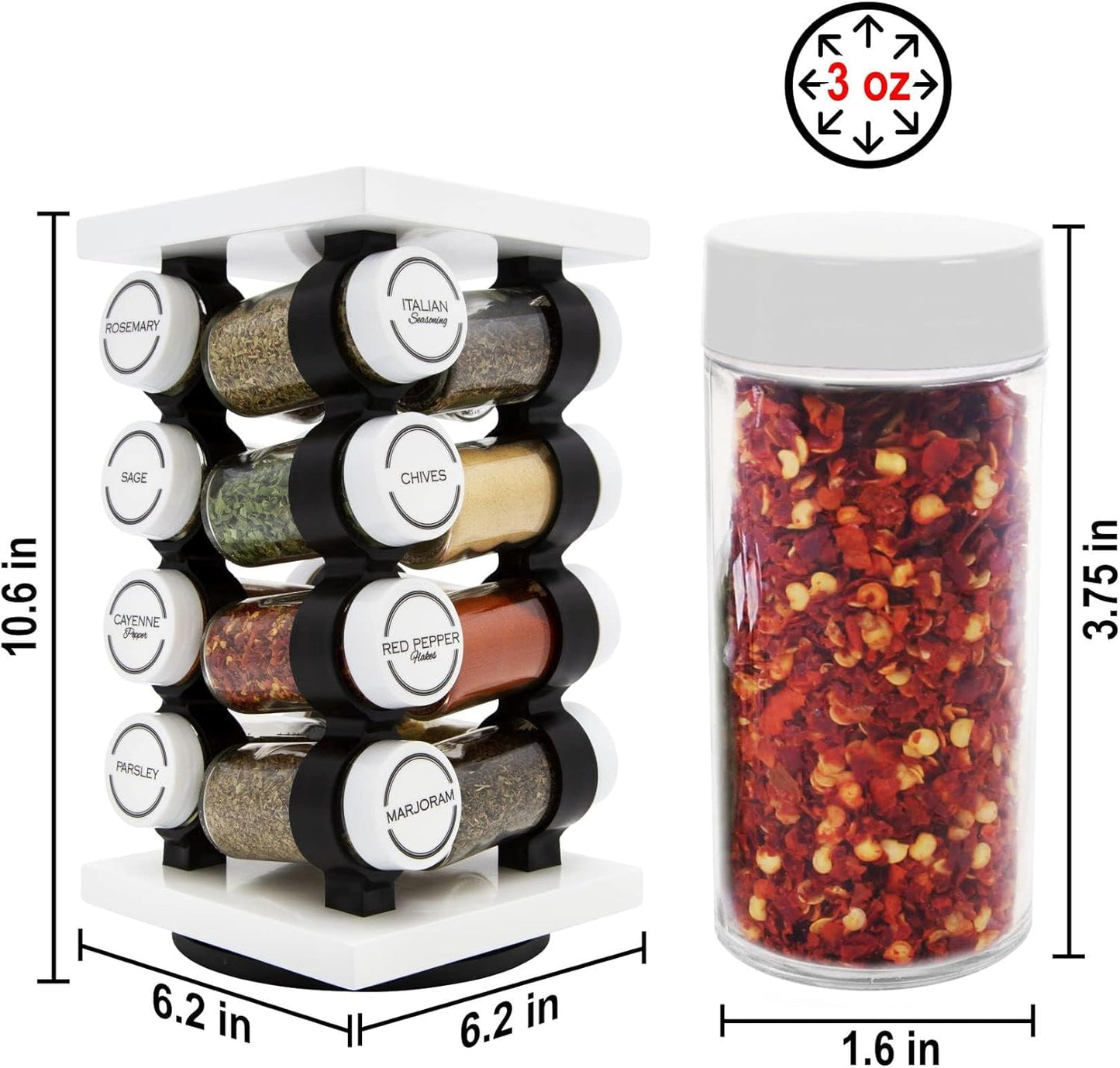 Orii Spice Rack 16 Jar Set White Filled with Spices - Rotating Standing Rack Shelf Holder &