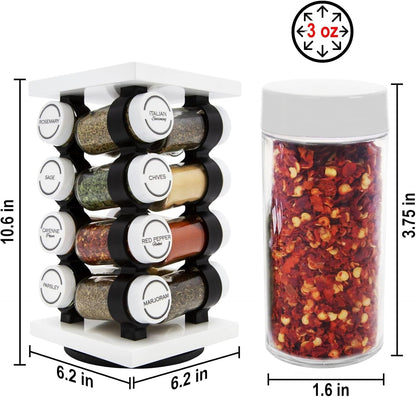 Orii Spice Rack 16 Jar Set White Filled with Spices - Rotating Standing Rack Shelf Holder &