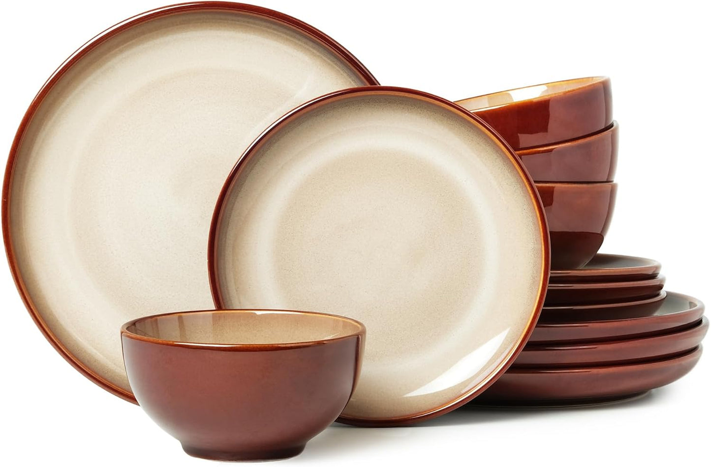 Stoneware Dinnerware Set Service for 4, 12 pcs Reactive Glaze Plates and Bowls Sets, Handmade Round
