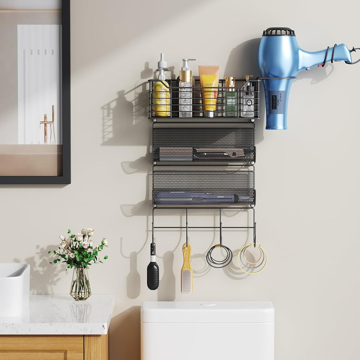 VITVITI Metal Hair Tool Organizer Wall Mount, Hair Dryer Holder with 3 Tier Shelf Basket Hooks