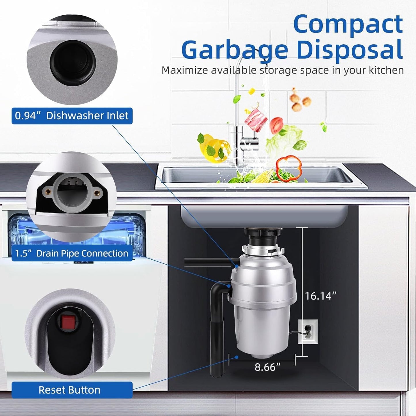 Powerful 1HP Stainless Steel Garbage Disposer, Dishwasher-Friendly and Continuous Feeding Waste