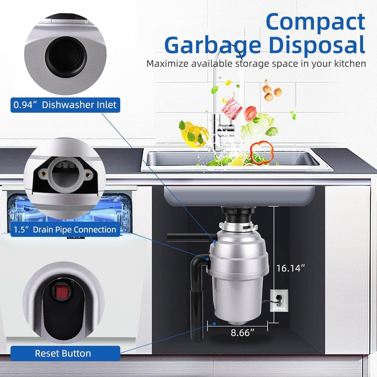 Powerful 3/4HP Stainless Steel Garbage Disposer, Dishwasher-Friendly and Continuous Feeding Waste