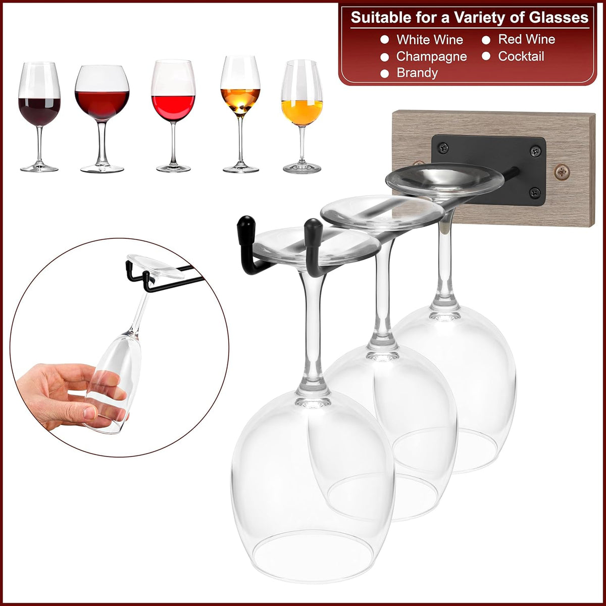 Sorbus Wall Mounted Wine Glass Stemware Rack Set - Wire & Wood Wine Rack Wall Mounted for Wine