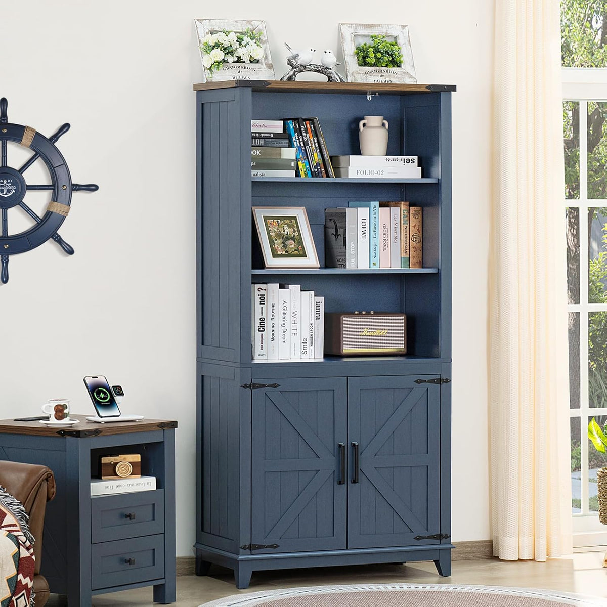 5 Tier Bookshelf 70in Tall Bookcase with Barn Doors and Storage Cabinet, Blue Farmhouse Book Shelf