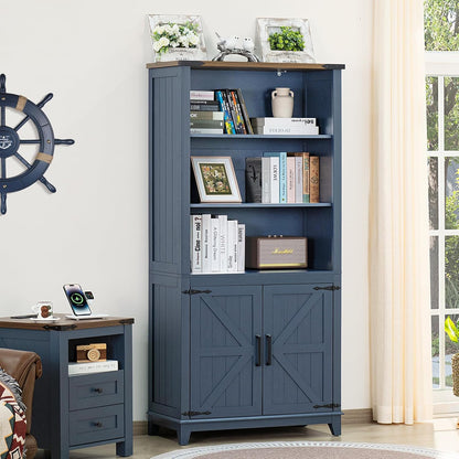 5 Tier Bookshelf 70in Tall Bookcase with Barn Doors and Storage Cabinet, Blue Farmhouse Book Shelf