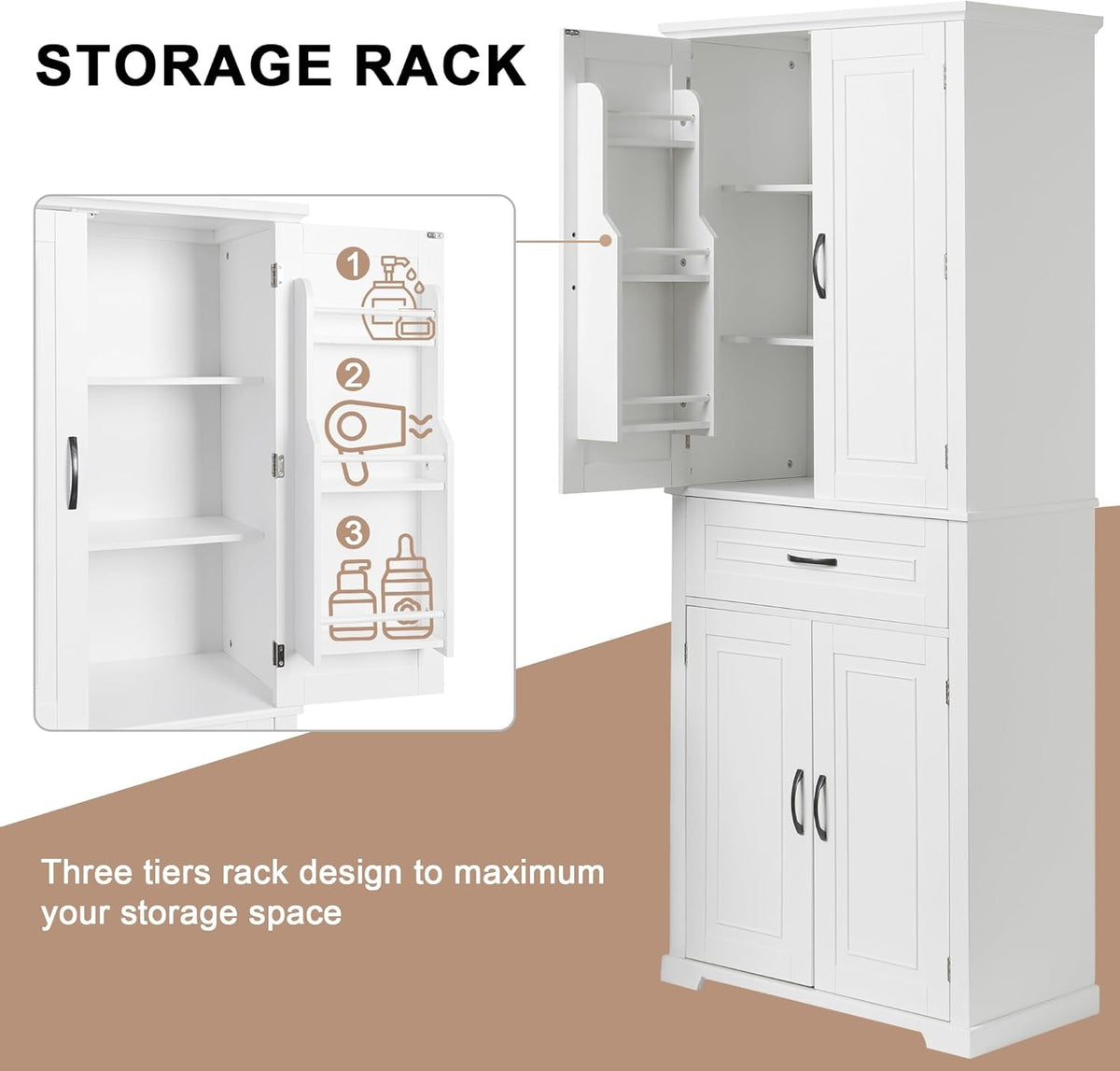 72.2" Tall Storage Cabinet with 4 Doors and Drawer, Freestanding Linen Cabinet, Wooden Pantry with