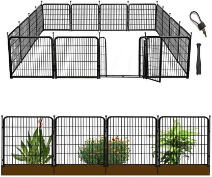 24 in(H) Decorative Garden Fence with Gate,16 Panels Total 31.4 Ft(L) Heavy Duty Iron Animal