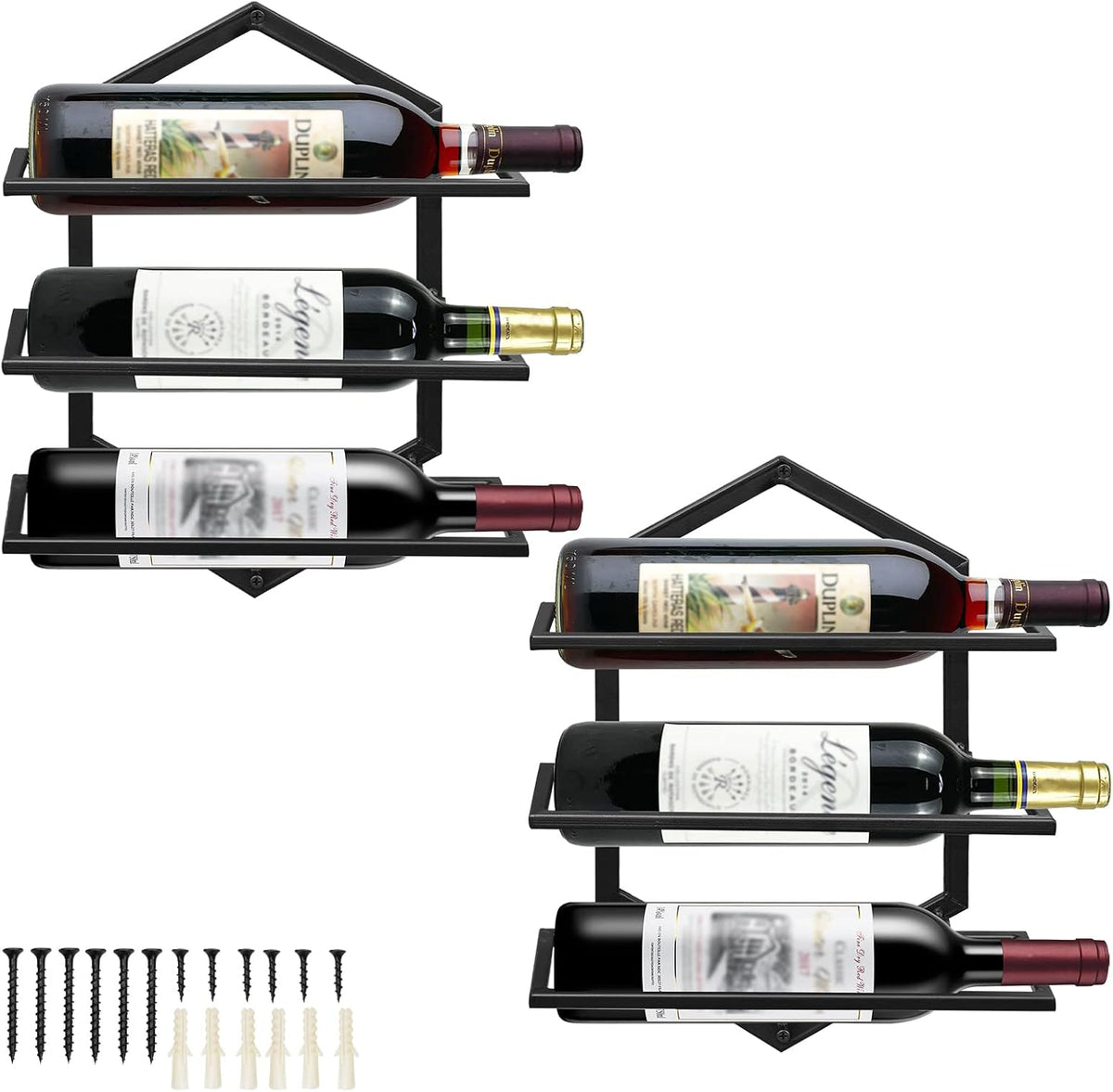 2Pcs Wall Mounted Wine Stemware Rack, Metal Hanging Wine Glass Display Holde Holds 3 Bottles