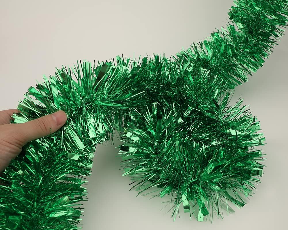 25 ft Long Roll Green Tinsel Twist Garland, Shiny Metallic Foil Decorations for Parade Floats