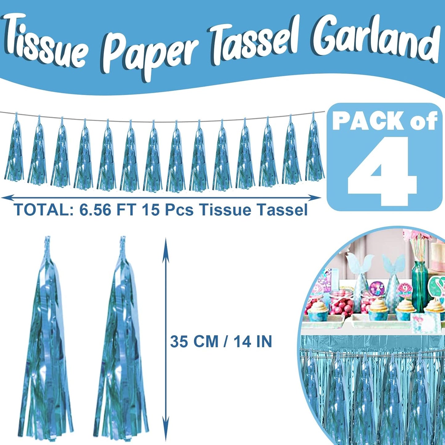 4P Light Blue Foil Fringe Metallic Streamers Banner Tassel Garland for Parade Floats, Bachelorette