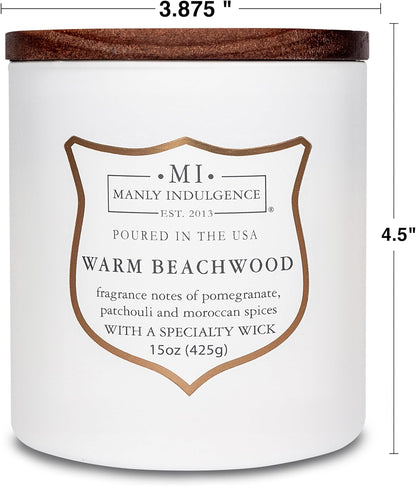 Manly Indulgence Warm Beachwood Scented Candles for Men, 15 oz Wooden Wick, Premium Soy Blend Wax