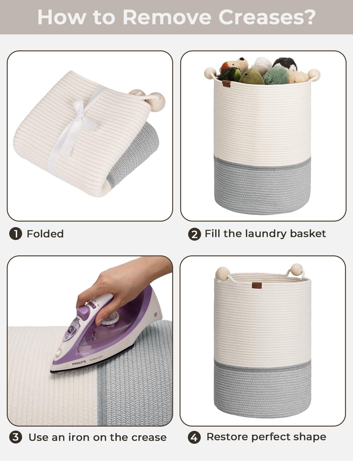 StorageWorks 58L Cotton Rope Laundry Basket with Wooden Beads Handles, Woven Basket for Storage