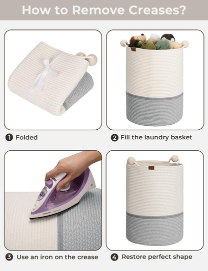 StorageWorks 58L Cotton Rope Laundry Basket with Wooden Beads Handles, Woven Basket for Storage