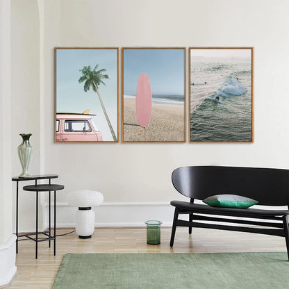 Tinonedraw Large Ocean Beach Framed Canvas Wall Art, Summer Coastal Surfboard Wall Decor, Palm Tree