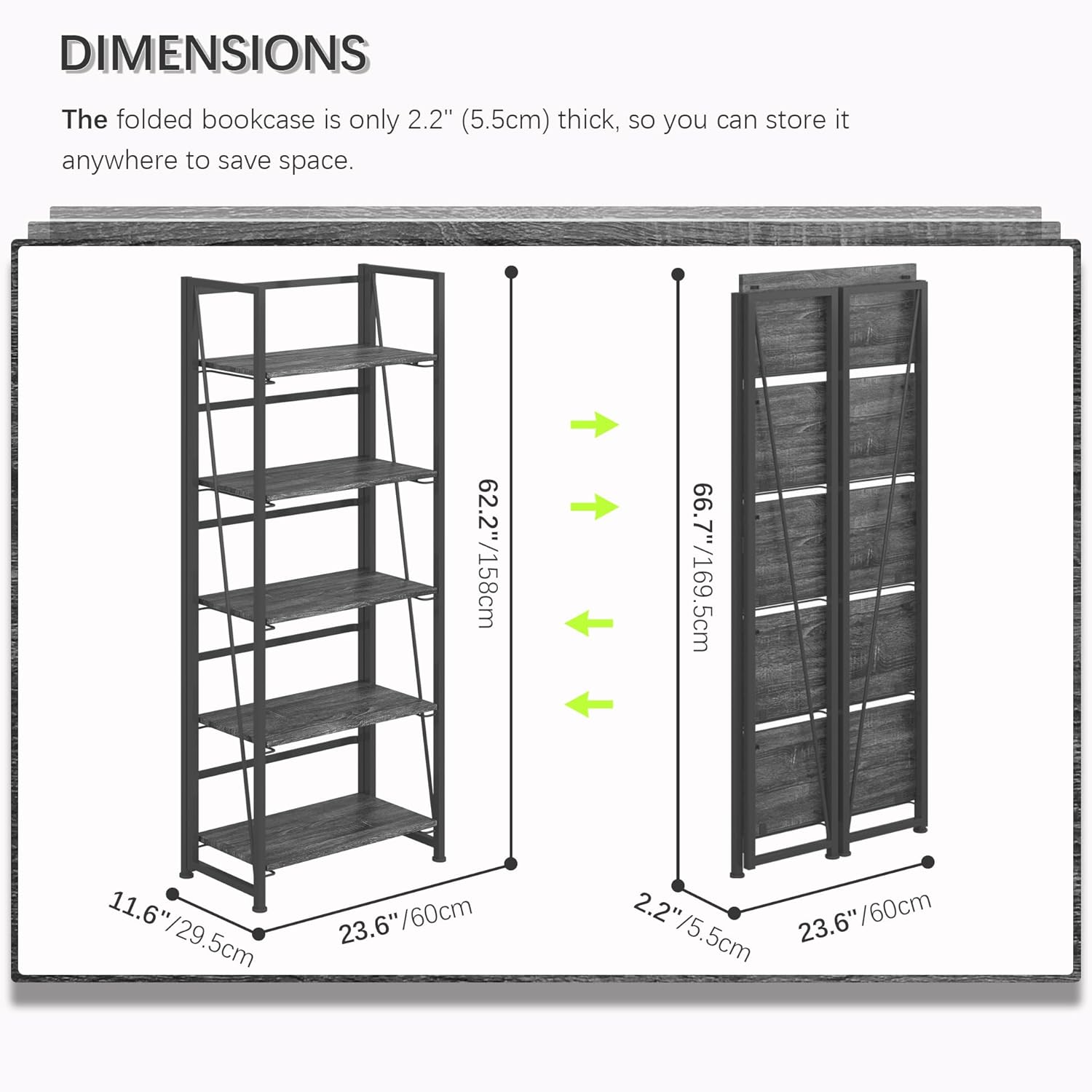 4NM No Assembly Foldable Bookshelf, 5-Shelf Collapsible Bookcase Storage for Small Spaces, 62.2" H