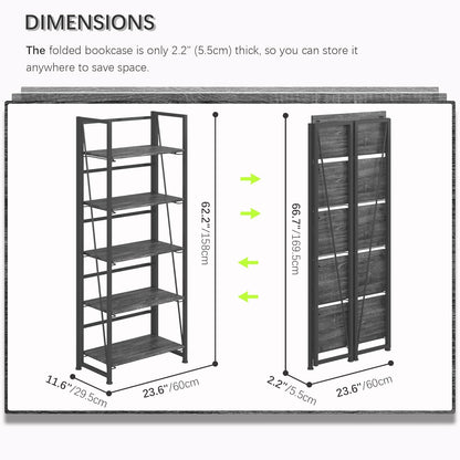 4NM No Assembly Foldable Bookshelf, 5-Shelf Collapsible Bookcase Storage for Small Spaces, 62.2" H