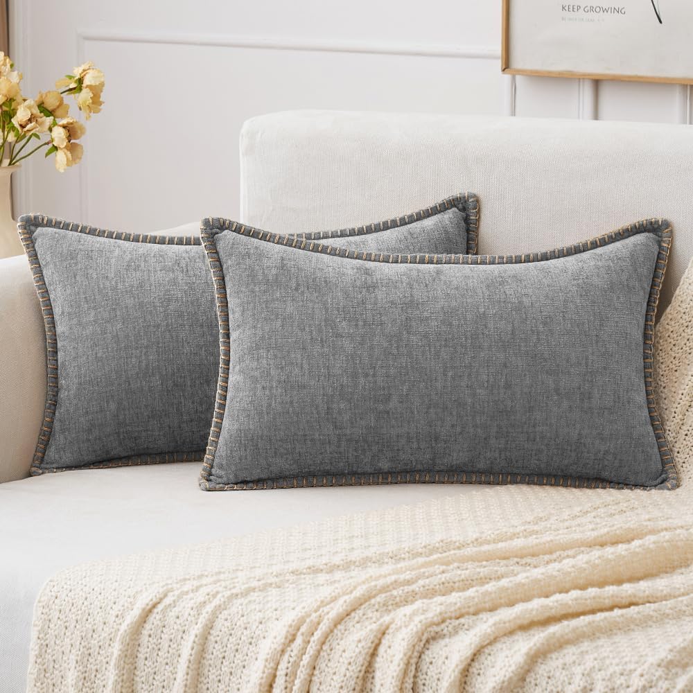 MIULEE Pack of 2 Couch Throw Pillow Covers 12x20 Inch Dark Gray Farmhouse Decorative Pillow Covers